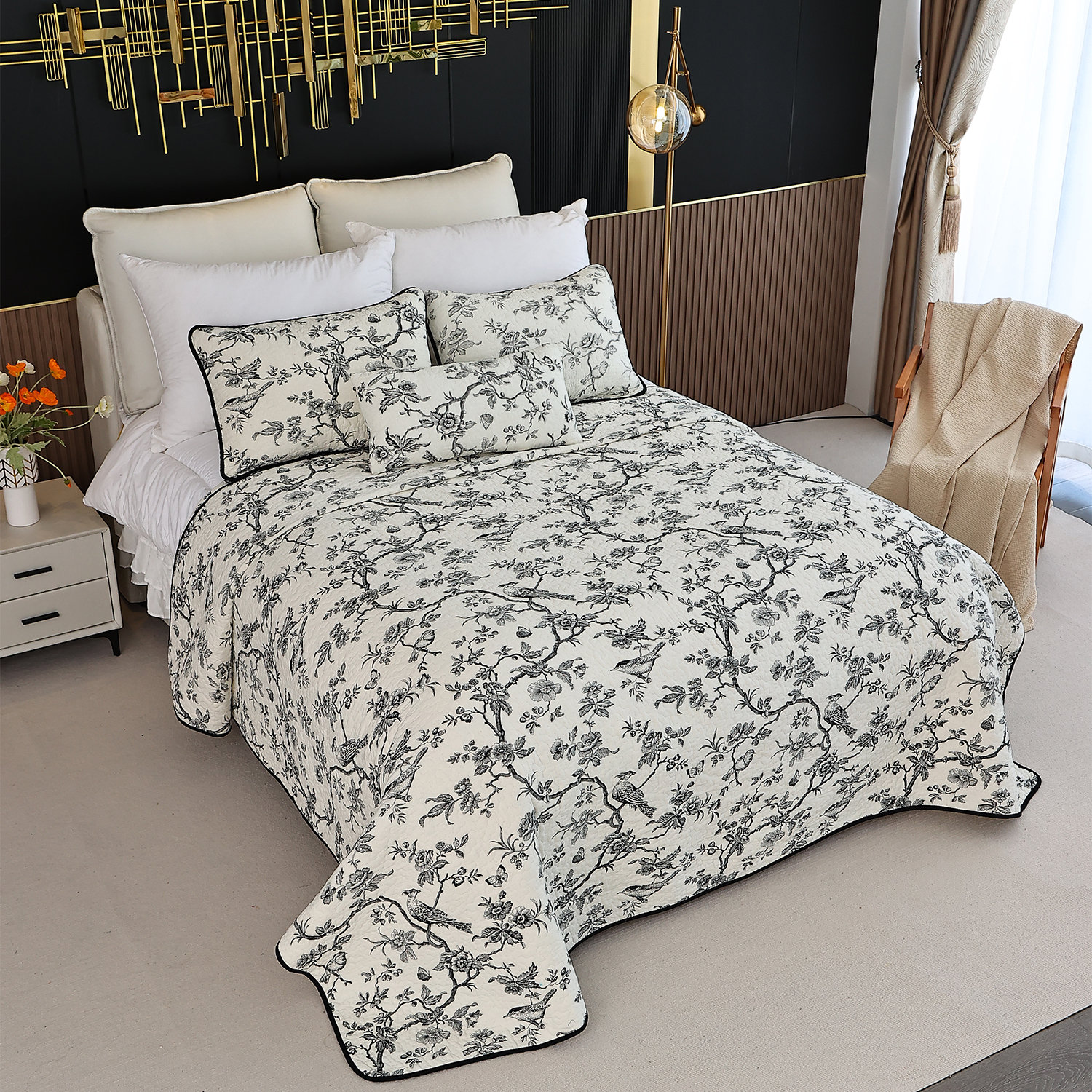 KING QUILT SIZE W TWO SHAMS Evenhug 100% Cotton Black Printed Floral Quilt Bedding Set & Reviews | Wayfair
