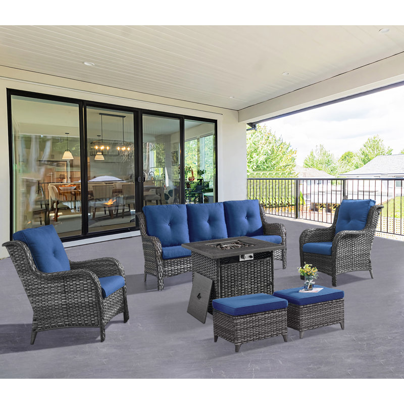 Schutt 5 - Person Wicker Outdoor Seating Group with Fire pit, Sofa, Chairs, Ottomans and Cushions, Blue, Gray