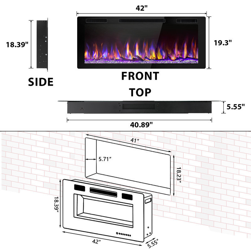 Ultra-narrow frame large screen multi-functional electronic fireplace, 19.3" H x 42" W x 5.55" D