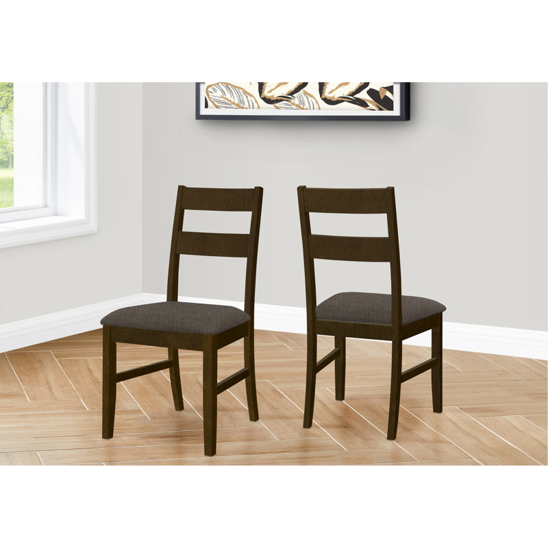 Chaise de salle à manger, hauteur 37 po, ensemble de 2, rembourrée, latérale, salle à manger, cuisine, bois massif brun, tissu brun, transitionnel