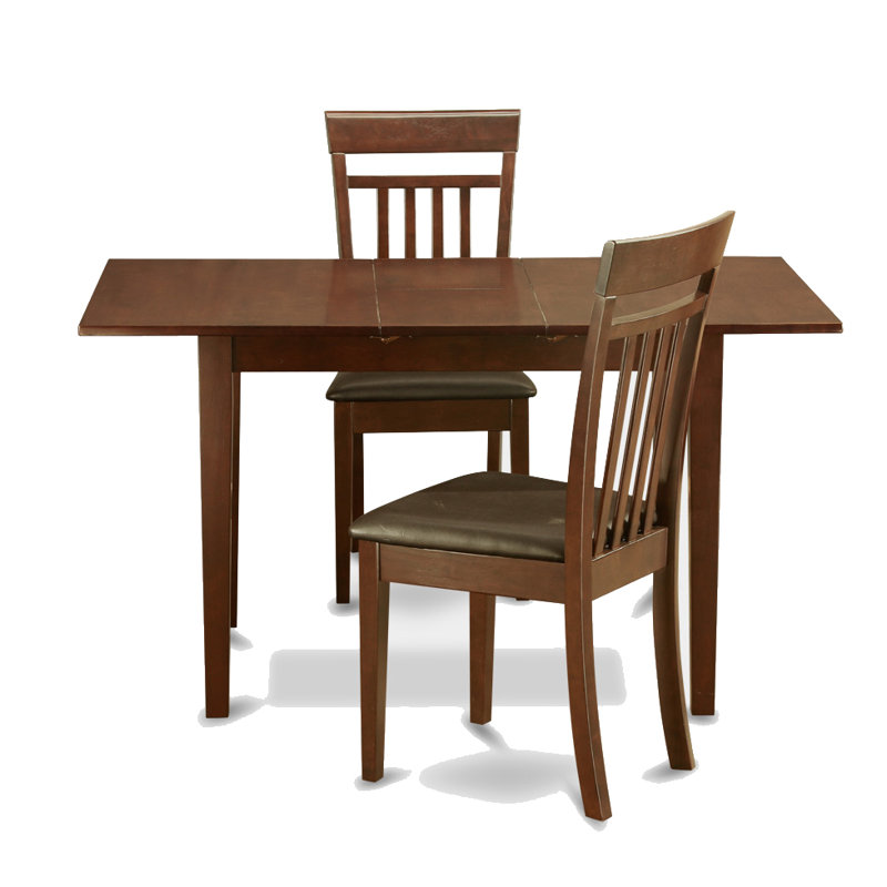 L'ensemble de table de salle à manger 3 pièces contient une table de salle à manger rectangulaire avec feuille papillon et 2 chaises en similicuir, acajou