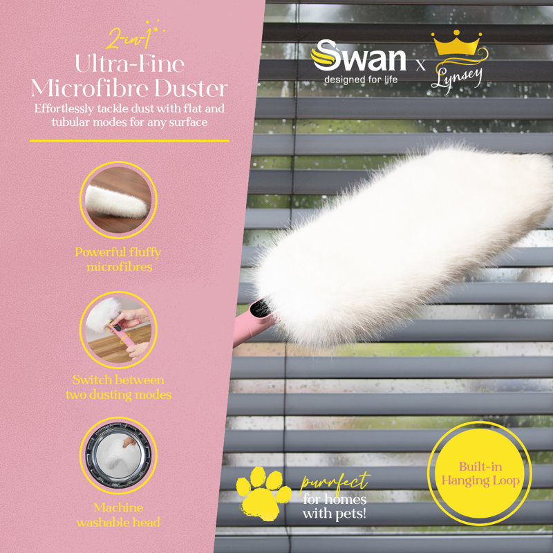 Swan SWFC2005WHTN Elevate Ultra-Fine Microfibre 2-in-1 Duster with Super Soft Microfibre, Flat to Tubular and Hanging Loop for Easy Storage, Machine Washable, White