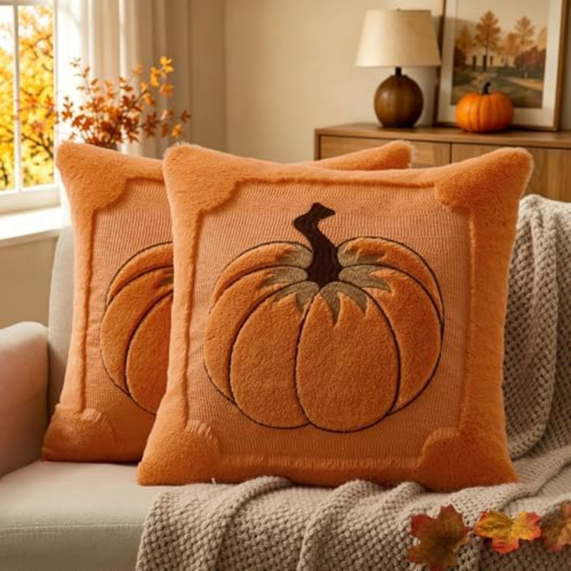 Couvre-oreiller d'automne 18 x 18 feuilles de citrouille orange