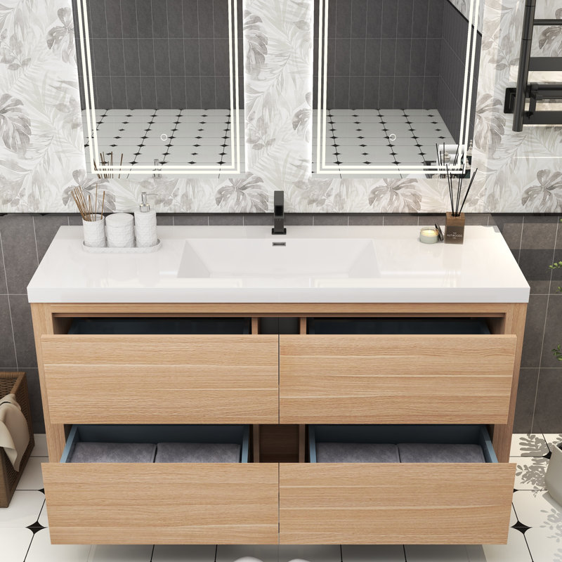 Meuble-lavabo simple 59,06 po avec plateau en acrylique Bethalto, Chêne clair