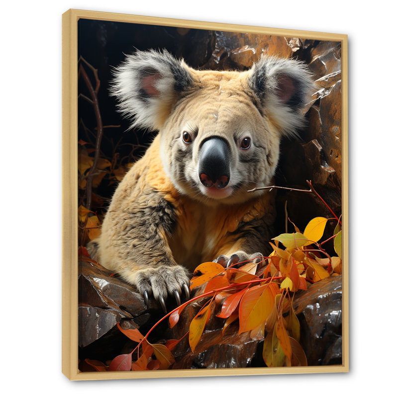 Koala Bush Retreat 2 - Koala Animal, art mural, Cadre flottant brun, 44" H x 34" W