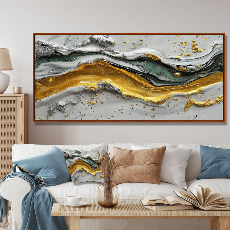 «Tranquil Divide Of Abstract», encre liquide, H 28 po x l 60 po, Cadre flottant, Brun