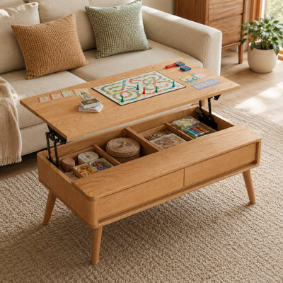 Table basse relevable en bois massif avec compartiment de rangement dissimulé et 2 tiroirs. Plateau multifonctionnel pour salon, bureau, coin repas ou jeux de société.