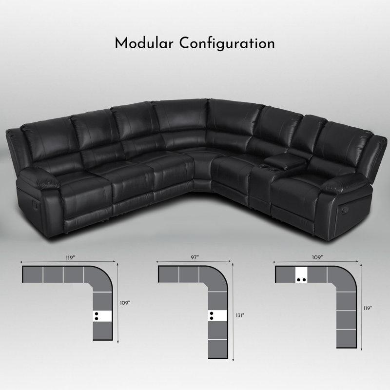 Lasceau 119" × 109" Faux Leather Manual Reclining Corner Sectional Couch with Storage and Cup Holder, Black Faux Leather