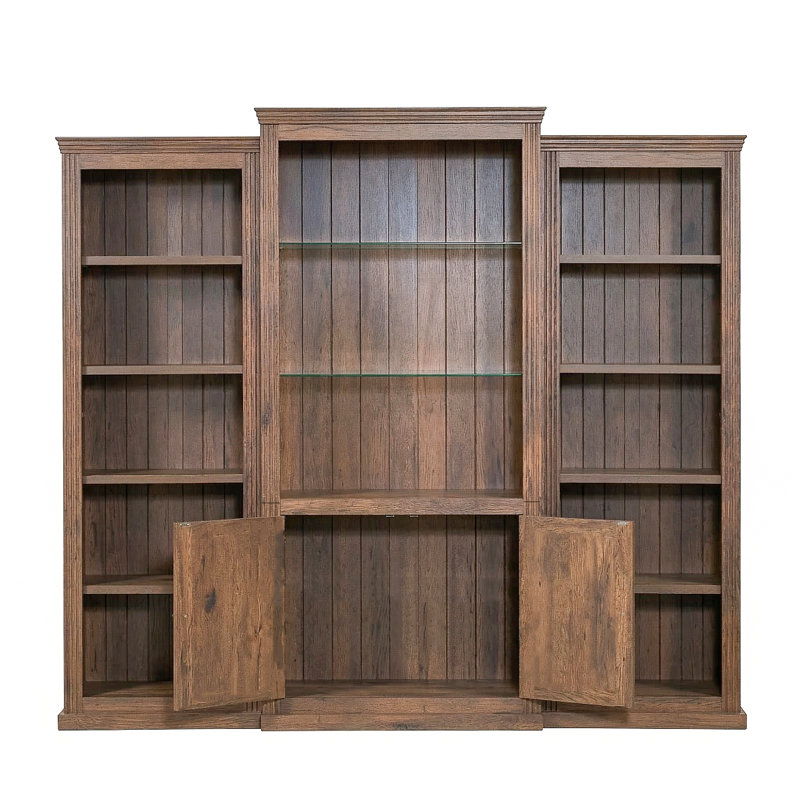 3-Pieces 78.75''Tall Bookcase 4-Tier Display Cabinet With 5 Colors Adjustable LED Ceiling Light, Brown