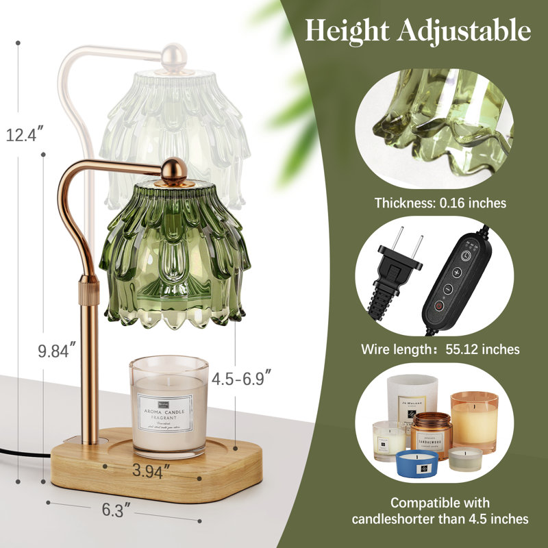 Modern Candle Warmer Lamp with Timer Dimmer, Adjustable Height Glass Lamp for Gifts, Home Decor, Green