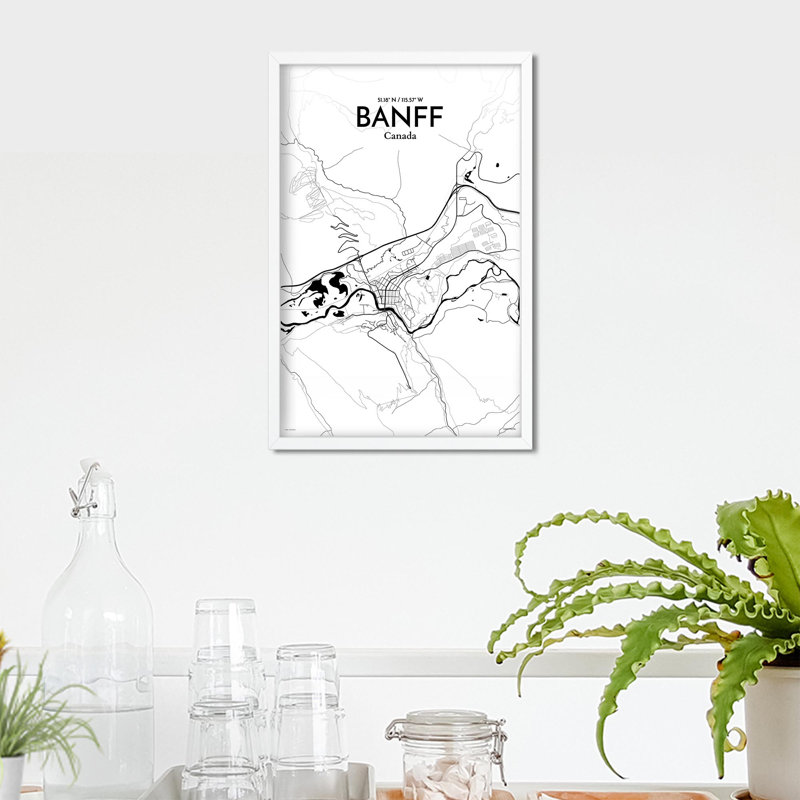 Banff, carte de la ville, impression, H 17 po x l 11 po, Noir et blanc