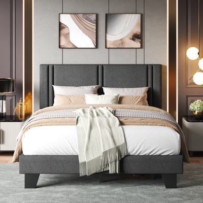 Upholstered Full Size Bed Frame with Linen Fabric Headboard, Strong Wooden Slats Support, Noise Free, No Box Spring Needed, Dark Grey