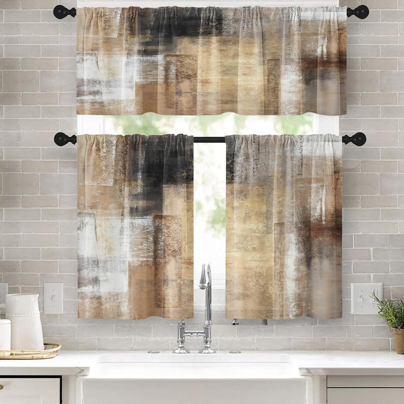 Ensemble de 3 rideaux de cuisine à motifs abstraits brun et gris, style moderne, à œillets, pour salon, chambre à coucher, salle de bain et cuisine (au-dessus de l'évier).