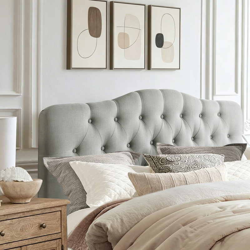 Tête de lit à hauteur réglable avec revêtement en lin et capitonnage pour la chambre à coucher, Gris, Grand lit
