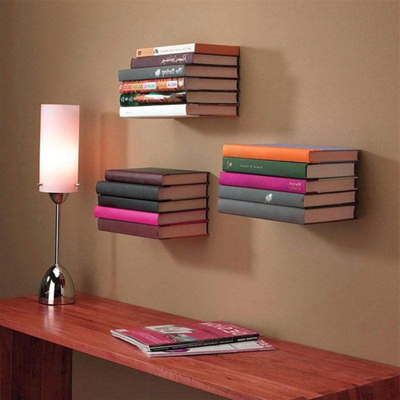 Invisible Floating Metal Hidden Bookshelves Wall Mounted Storage Set of 2