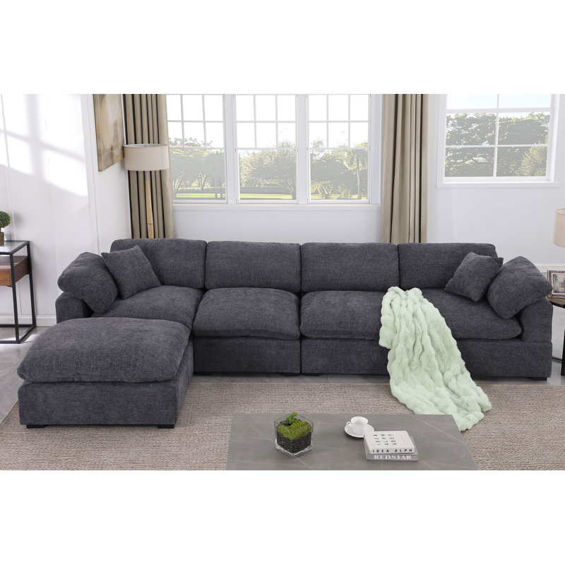 Amiyiah Upholstered L-shaped Couch With Ottoman Sectional, Dark Gray Polyester