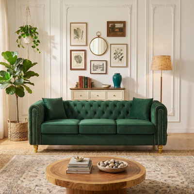 Canapé 3 places en velours, canapé Chesterfield rembourré avec accoudoirs roulés, garniture dorée et pieds en bois massif, coussins amovibles pour le salon