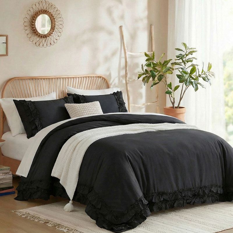 Ensemble de housse de couette à volants 100% coton, Housse de couette très grand et 2 taies d'oreille, Noir