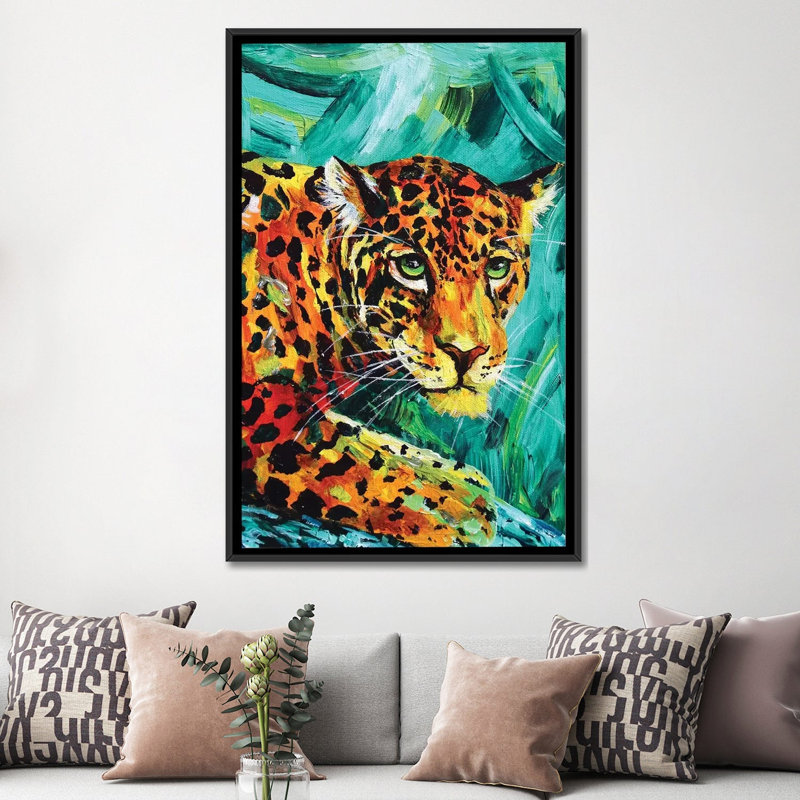 « jaguar », impression sur toile, H 26 po x l 18 po x P 1,5 po, Toile avec cadre noir, Pas de tapis