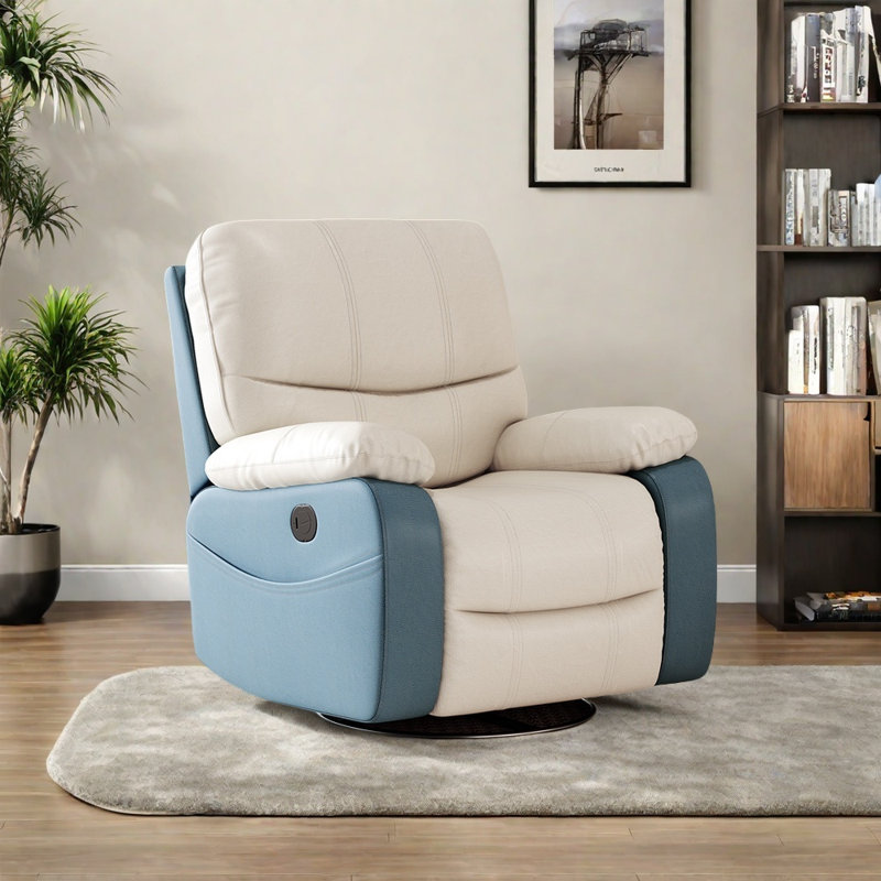 Chaise longue confortable en bois massif, Bleu / similicuir blanc cassé