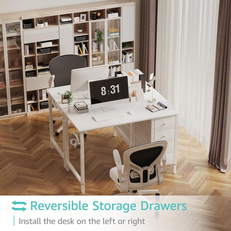 Computer Desk with 4 Drawers, Fabric Drawers Writing Desk, 29.5" H x 39.4" W x 19.7" D, White