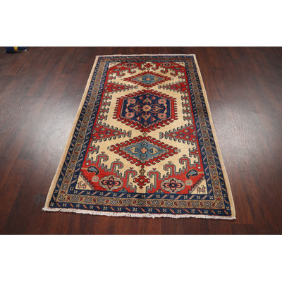 Tapis unique en laine noué à la main de 3 pi 6 po x 5 pi 6 po ivoire / bleu marine / rouge Hatzman