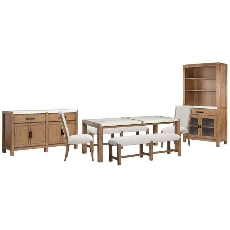 Table de salle à manger rectangulaire avec 2 bancs, 2 chaises d'appoint rembourrées et une vitrine