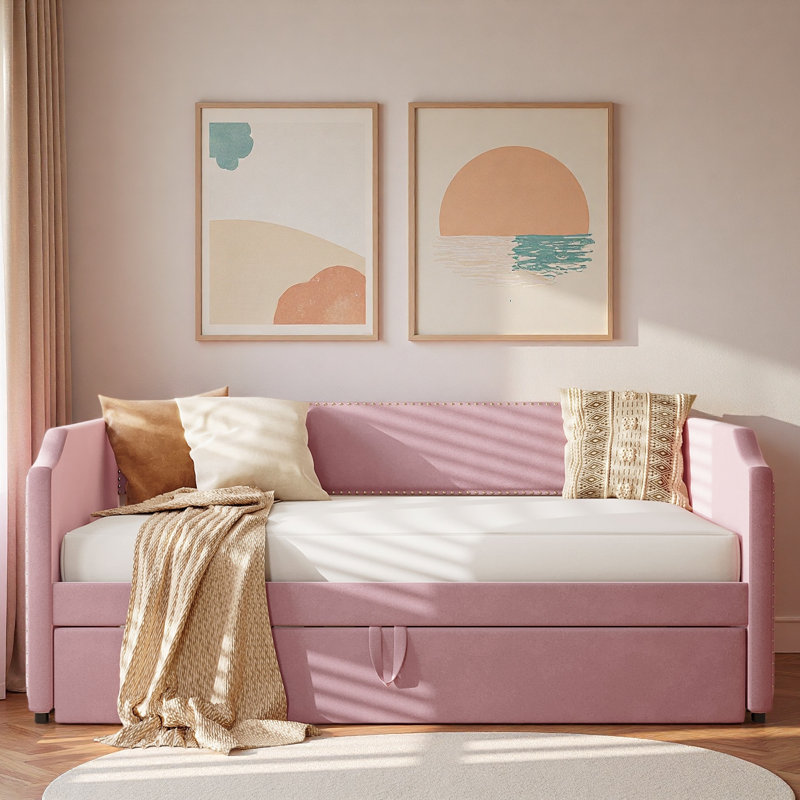Velvet Upholstered Daybed With Pop Up Trundle And Nail Head Decoration, Pink