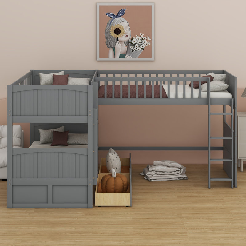 Lit superposé avec lit mezzanine attaché, avec deux tiroirs, Gris