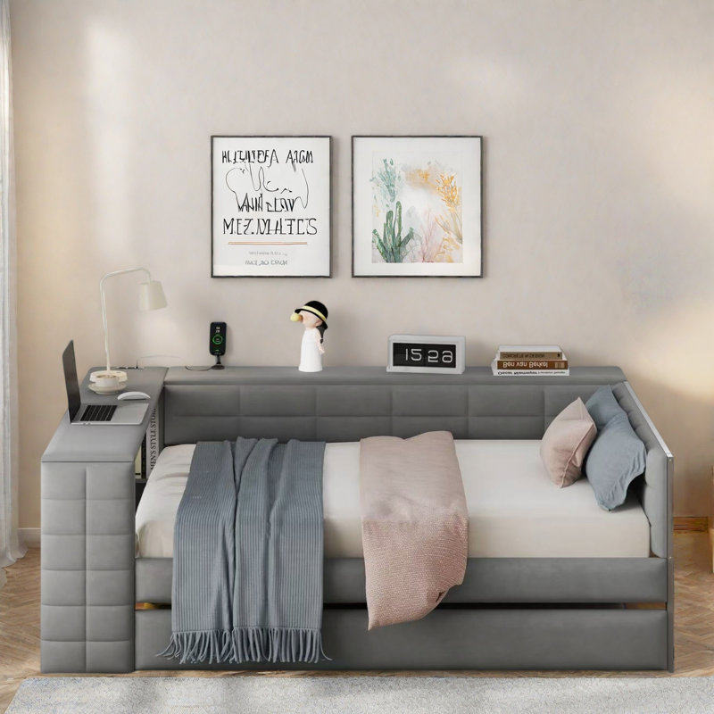 Upholstered Daybed With Storage Shelves, Desk, Charging Station And Trundle, Gray