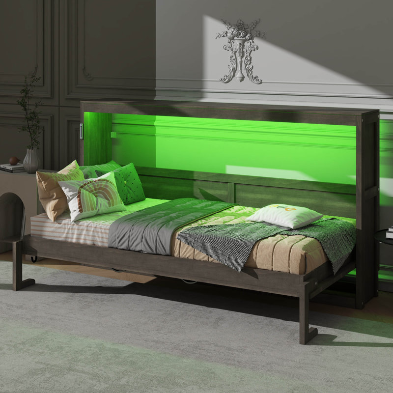 Lit escamotable simple avec lumière DEL, peut être plié dans une armoire, Brun