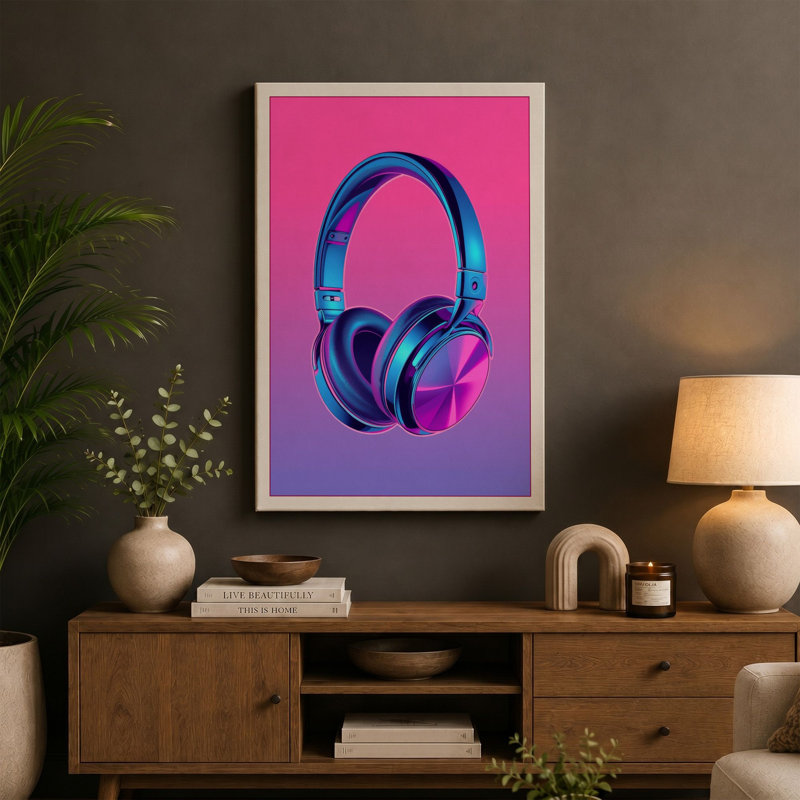 Neon Headphones Modern 1 Piece Wrapped Canvas Wall Art, 36x24 - 91.4 x 61.0 cm, Taupe Border