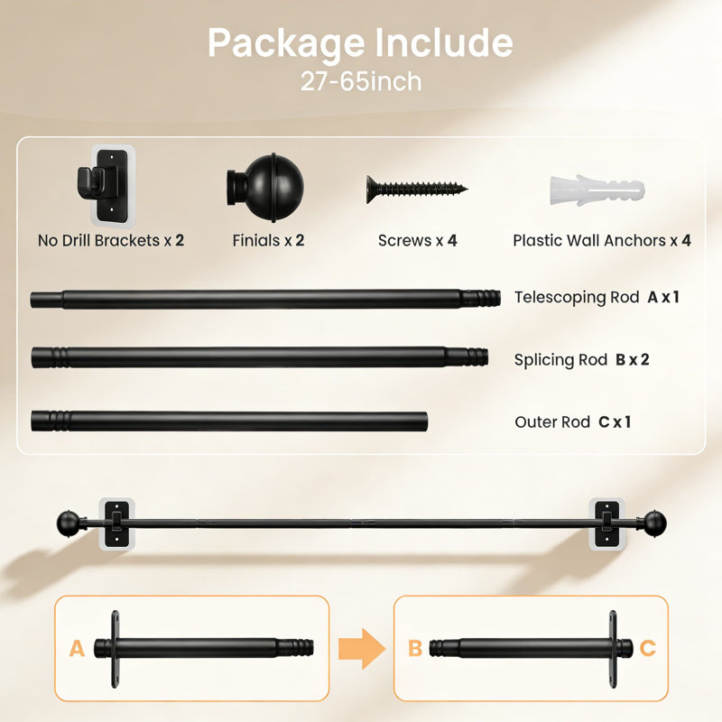 Tringle à rideaux sans perçage avec supports adhésifs, tringle à draperie télescopique réglable pour fenêtres, installation sans outil, facile à utiliser, finition noir mat
