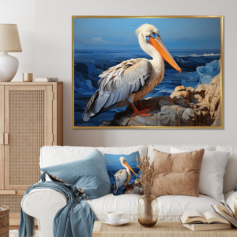 Grey Pelican Pelicans Perch - Animals Wall Decor, H 16 po x l 32 po x P 1 po, Cadre flottant doré