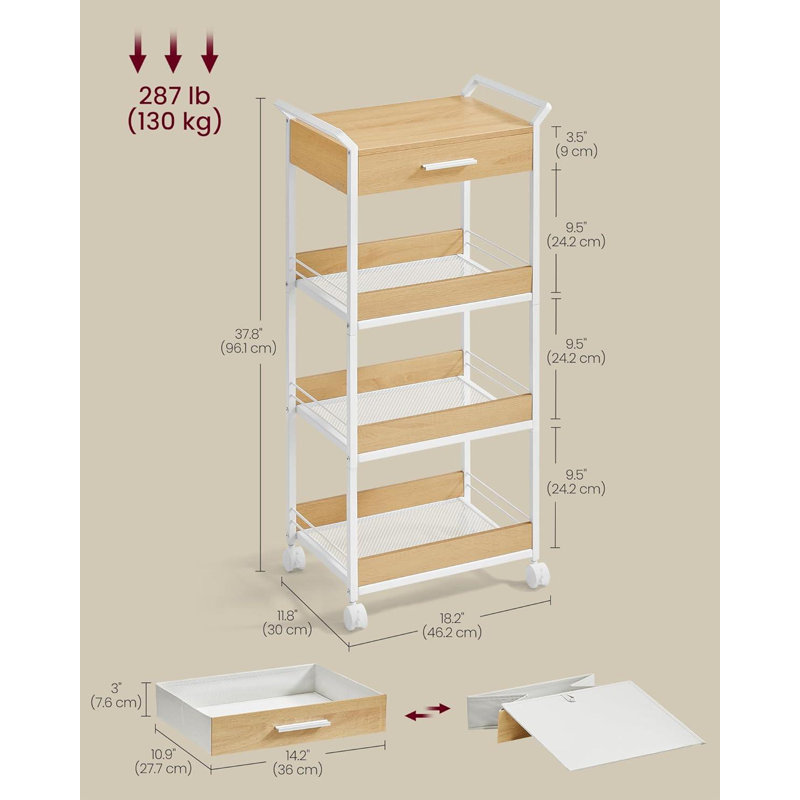 Chariot utilitaire roulant à 4 niveaux avec plateau de table, poignées, 4 roulettes verrouillables, tiroir supérieur, tablettes en filet, pour la cuisine, la salle de bain, la chambre à coucher, chêne doré et blanc nuage