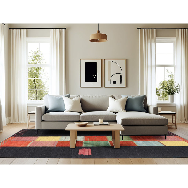 Tapis noir/orange/jaune contemporain, Rectangle 6 pi x 9 pi