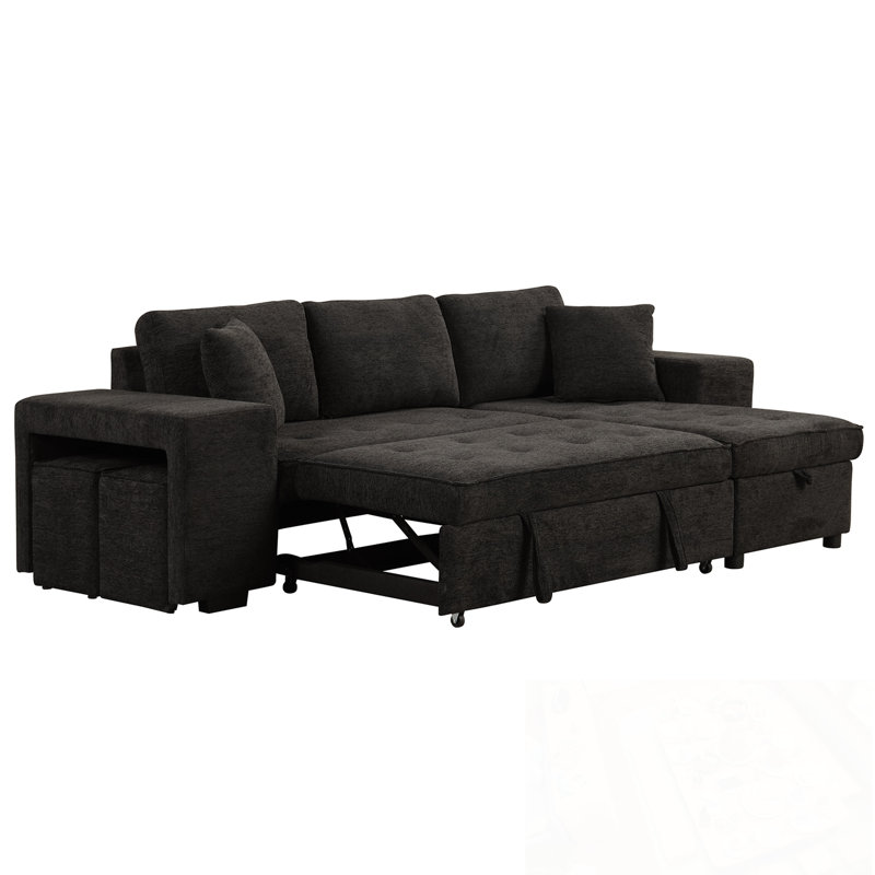 L-Shape Sectional Sofa with Storage Chaise and 2 Stools, Charcoal Grey