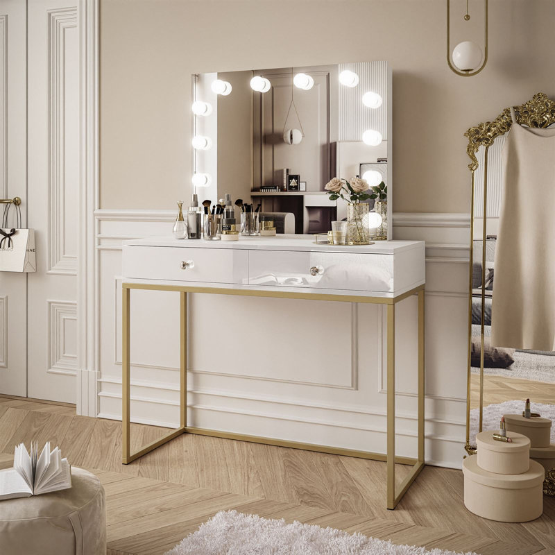 Anduena Dressing Table with Mirror, White High Gloss/Gold Matt