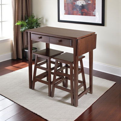 Jacob Cappuccino 3-Piece Drop Leaf Island with Square Seat Counter Stools