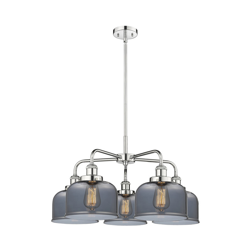 Lustre en verre à 5 lumières Bell, Plaqué couleur fumée, Chrome poli