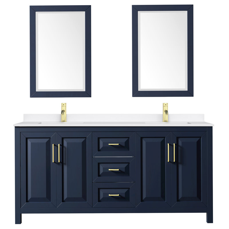 Daria 72'' W Vanity, White Quartz, Blue, Brushed Gold