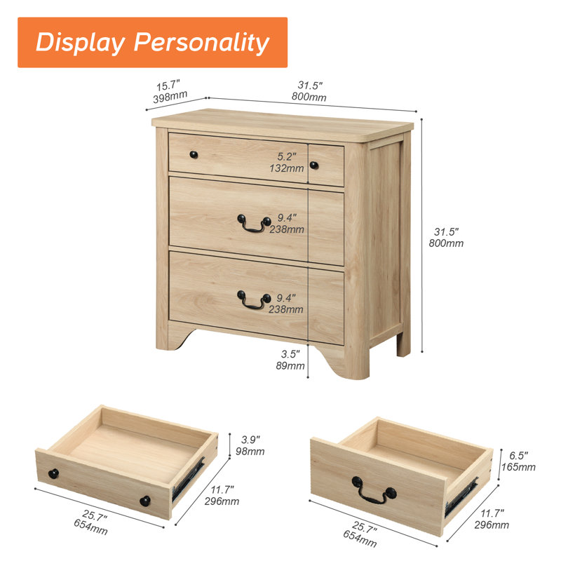 Haikey 3-Drawer Solid and Manufactured Wood Dresser, Oak