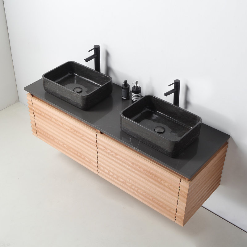 Meuble-lavabo double 60 po en contreplaqué de chêne naturel avec plateau en quartz, Érable