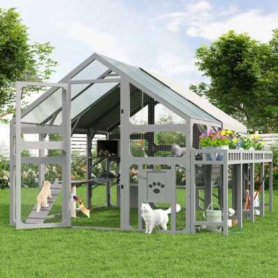 Grande maison pour chat d'extérieur avec support à fleurs, enclos à chat en bois avec boîtes de repos pour plusieurs chatons, pont suspendu, plateformes, cage Catio avec housse imperméable