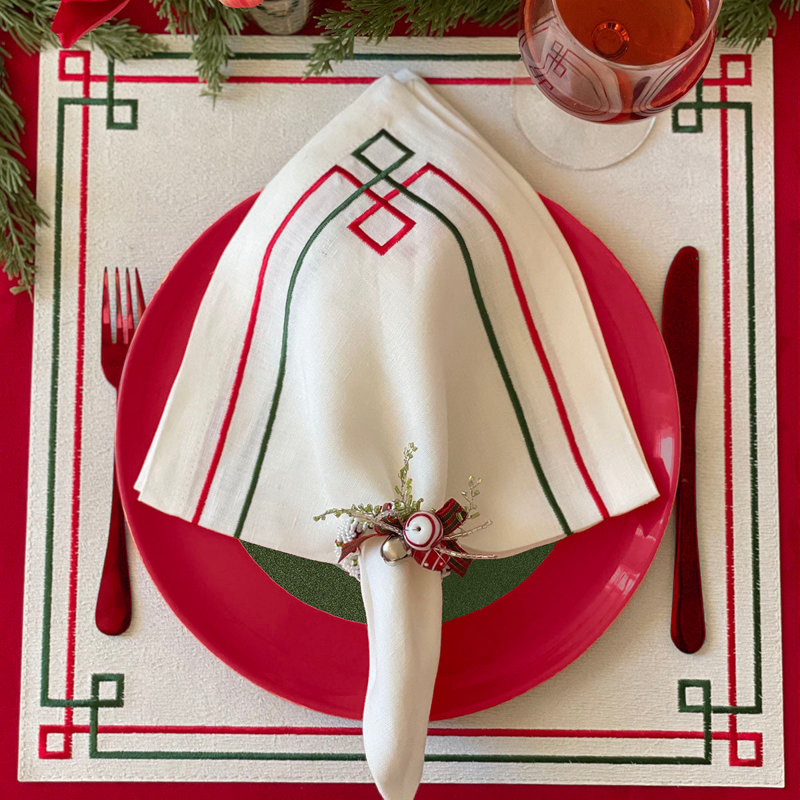Link Embroidered Linen Napkin, White/Red/Green