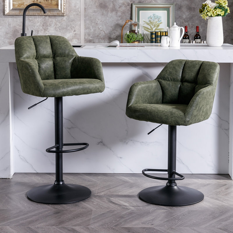Gareth Swivel Adjustable Height Bar Stool, PU-Dark Green