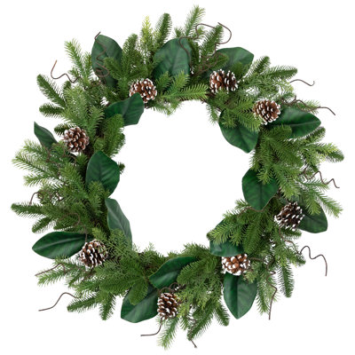 Couronne de Noël artificielle mixte feuillage et pommes de pin blanchies - 28 po - non éclairée