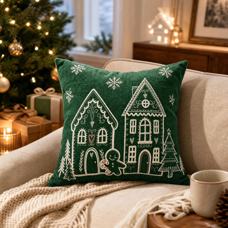 Décorations de Noël : Housses de coussin brodées, motif maison en pain d'épices et flocons de neige, pour canapé, salon et décoration intérieure.