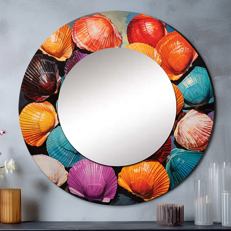 Colorful Seashells Pop Art I - miroir décoratif coquillage, miroir mural rond rouge, impression d'art en métal, 36 po x 36 po