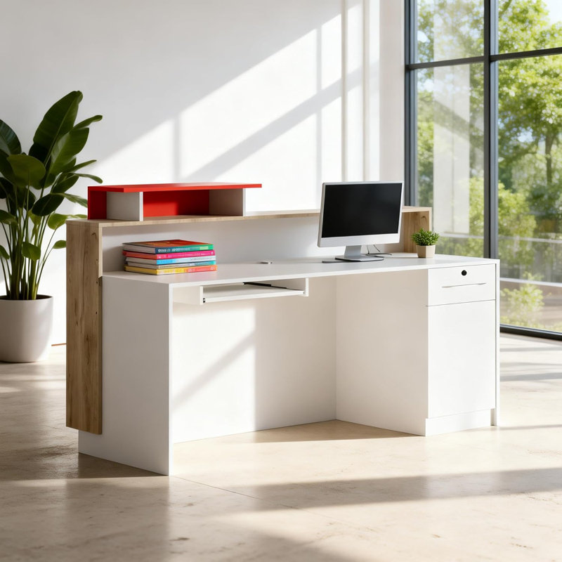 Bureau de réception contemporain en placage de travertin, comptoir lumineux pour hall d'entrée et espaces commerciaux
